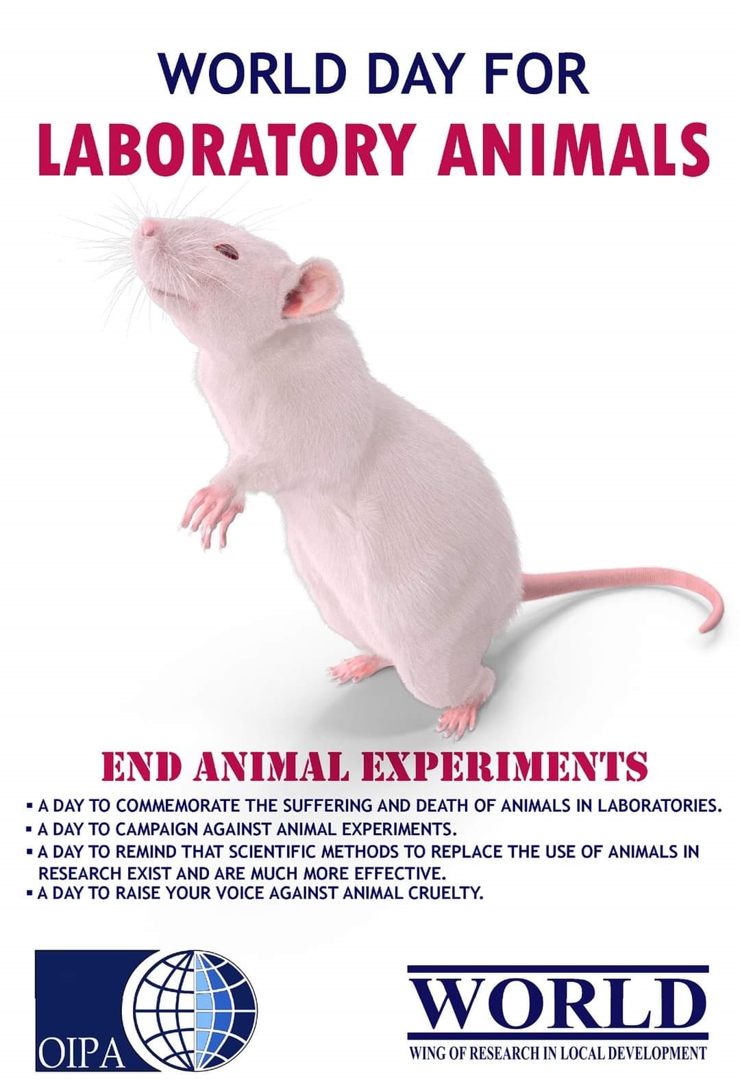 SAY NO TO ANIMAL EXPERIMENTS”: THE AWARENESS CAMPAIGN ORGANIZED ON THE  WORLD DAY FOR LABORATORY ANIMALS | OIPA